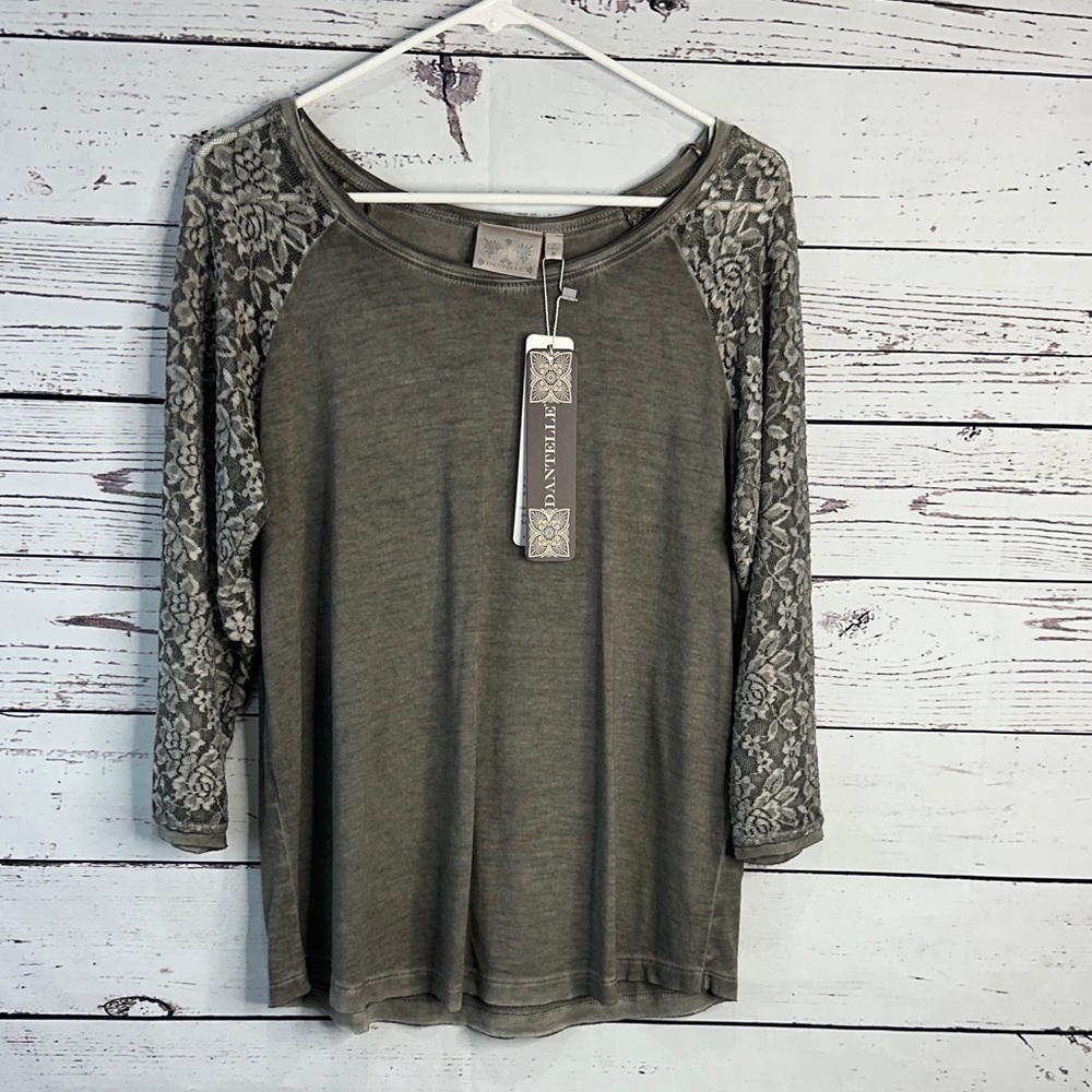 Chic Olive Long Sleeve Top with Floral Sleeves